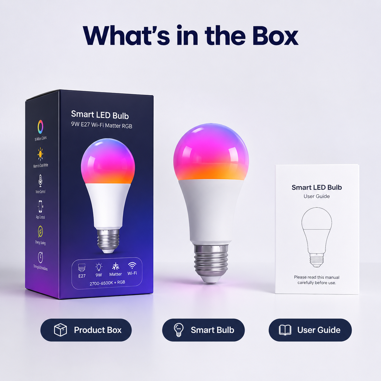 Box contents with smart LED bulb product box and user guide