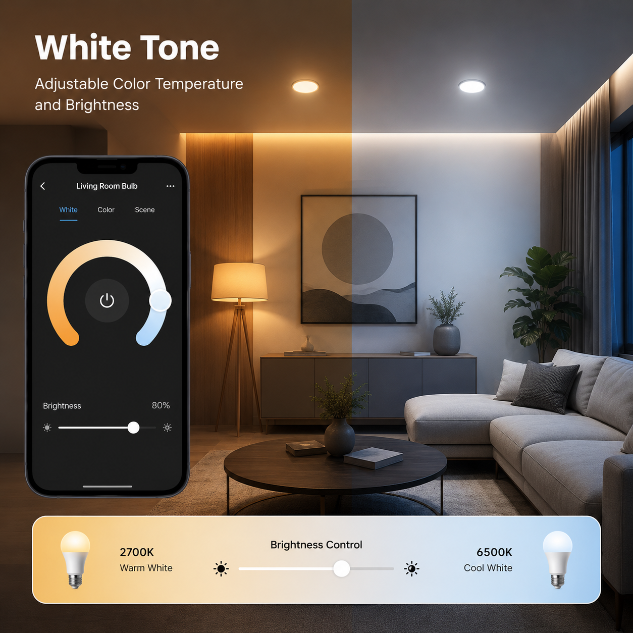 White tone and brightness control for smart LED bulb