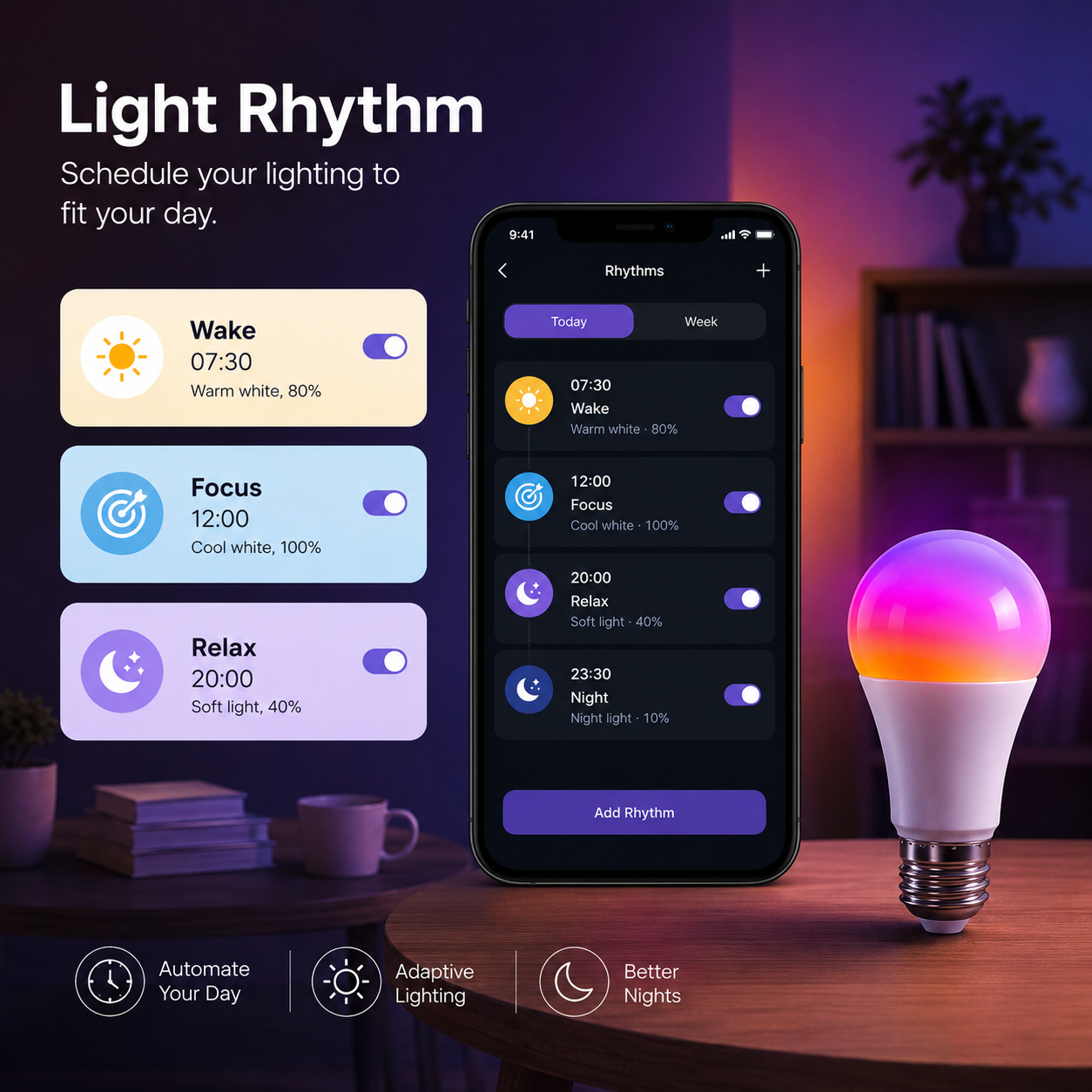 Light rhythm app schedule for wake focus and relax modes