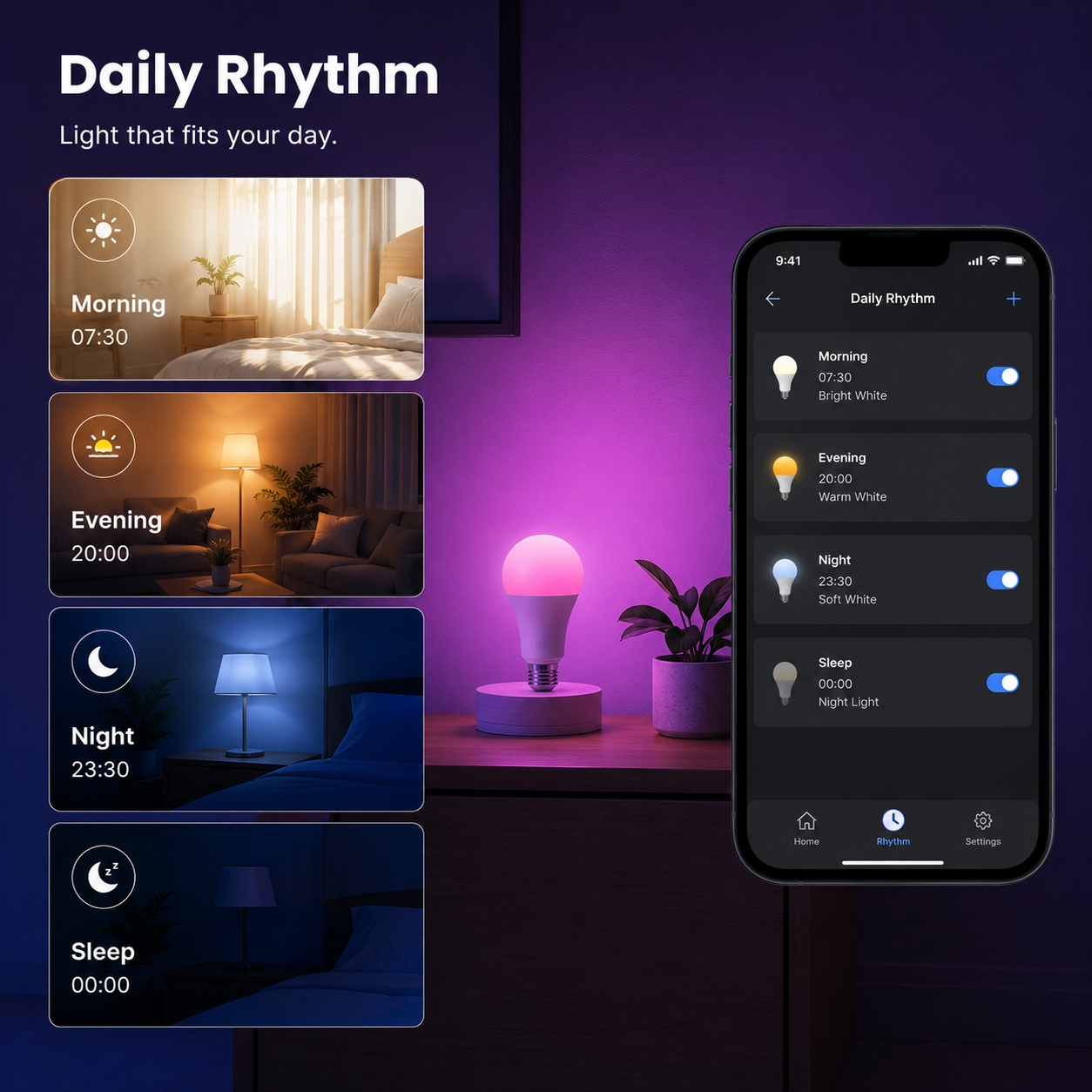 Daily rhythm lighting schedule for RGB smart bulb