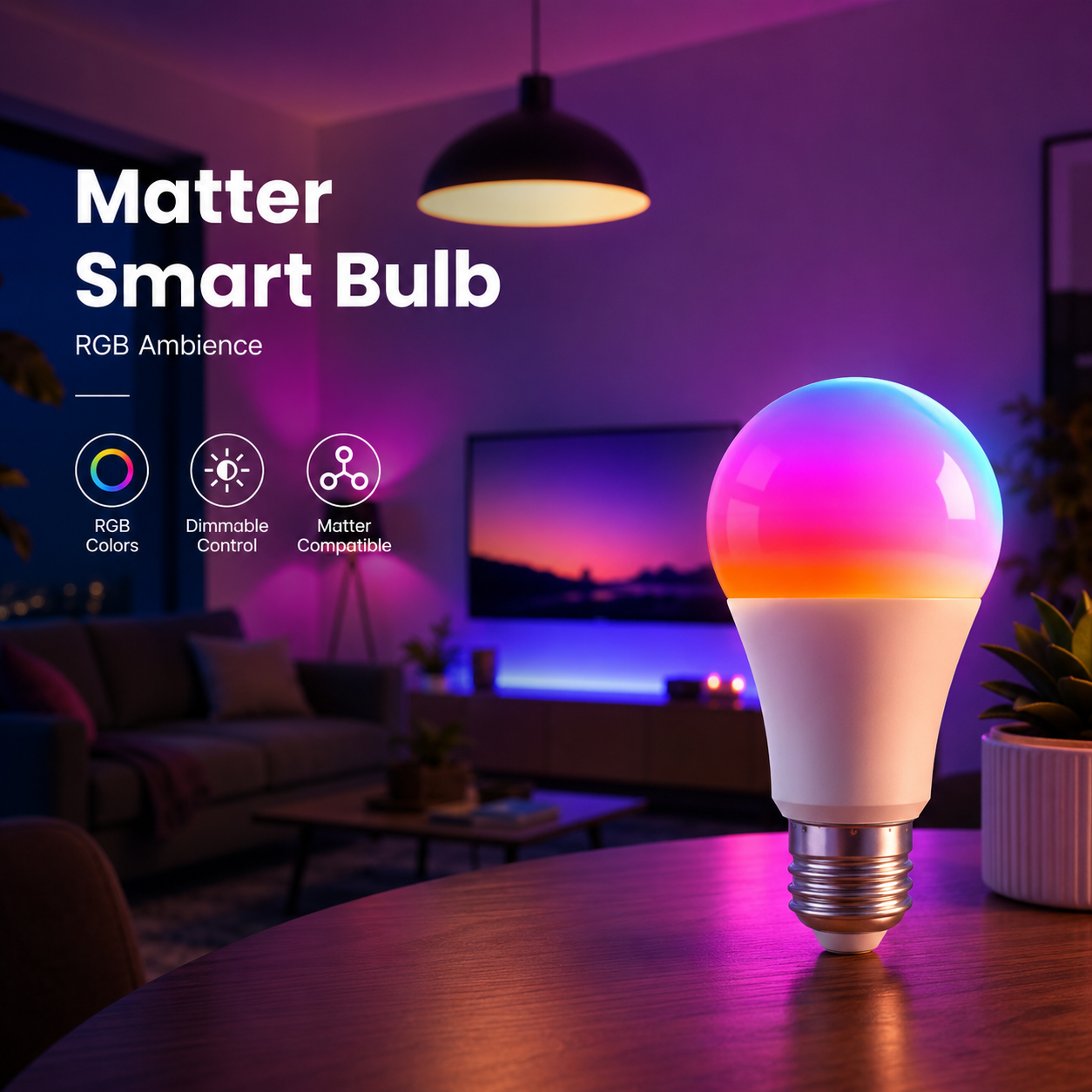 Modern home ambience with glowing Matter RGB smart bulb