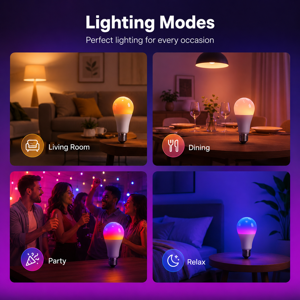 Lighting modes for living room dining party and relax scenes