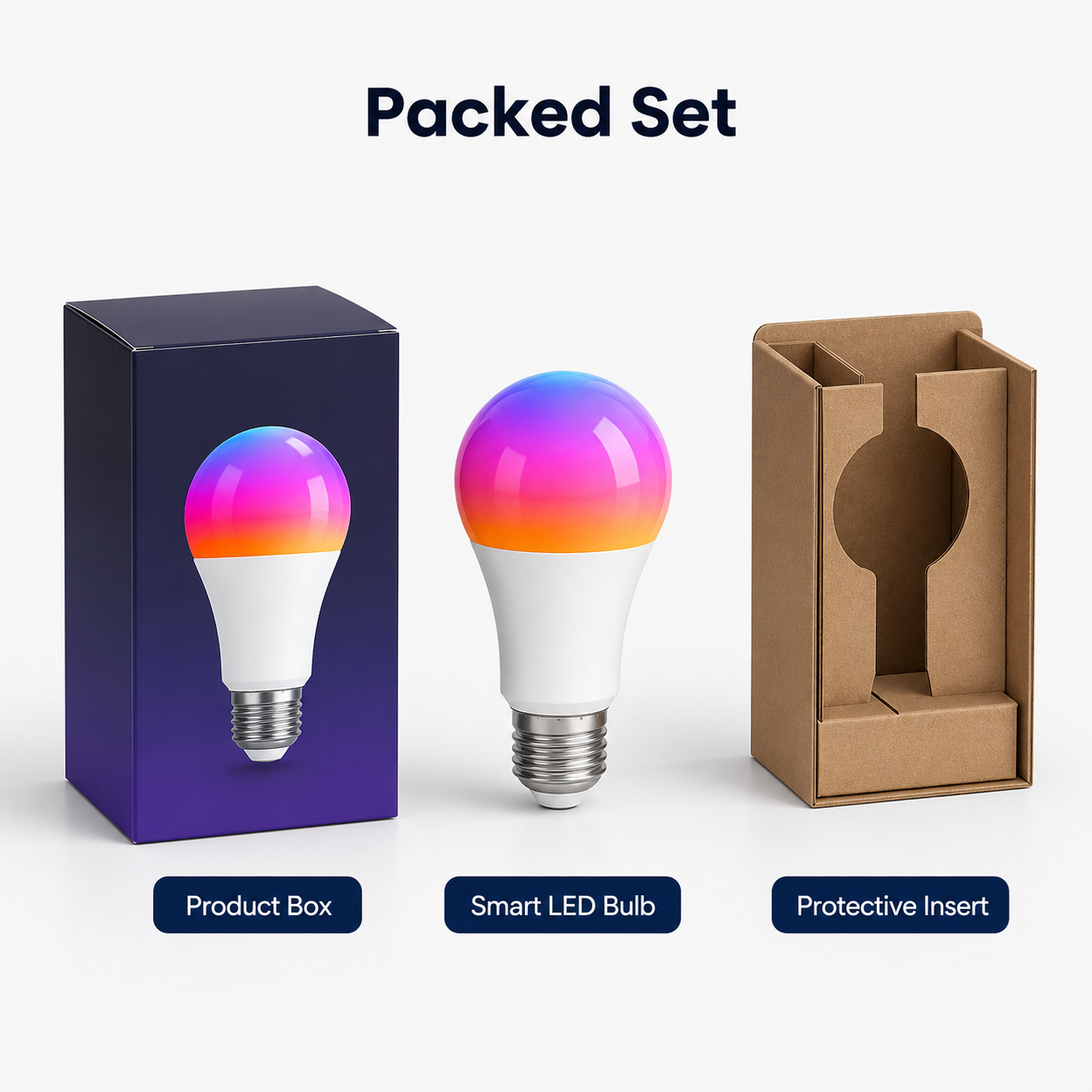 Packed set with product box smart LED bulb and protective insert
