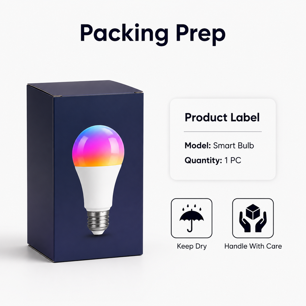Neutral packing prep with product label for smart LED bulb
