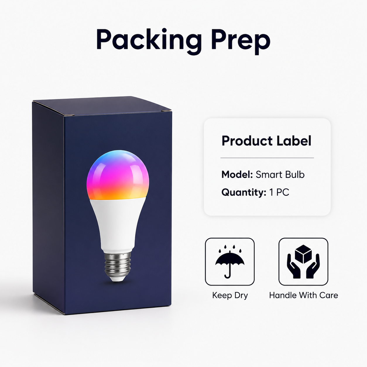 Neutral packing prep with product label for smart LED bulb