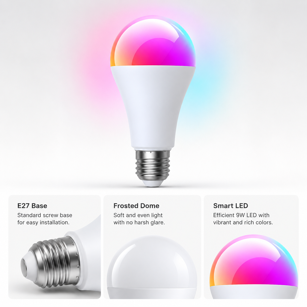 Close-up details of E27 base frosted dome and smart LED bulb