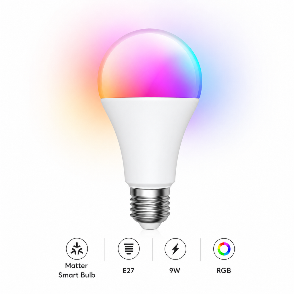 Studio packshot of 9W E27 Matter RGB smart LED bulb
