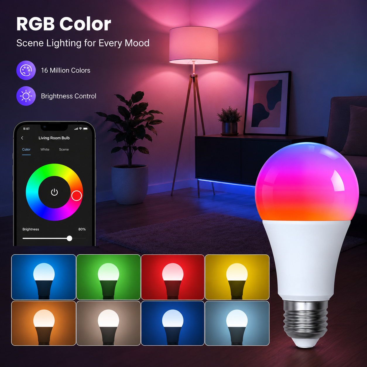 RGB color scene lighting with smart E27 LED bulb