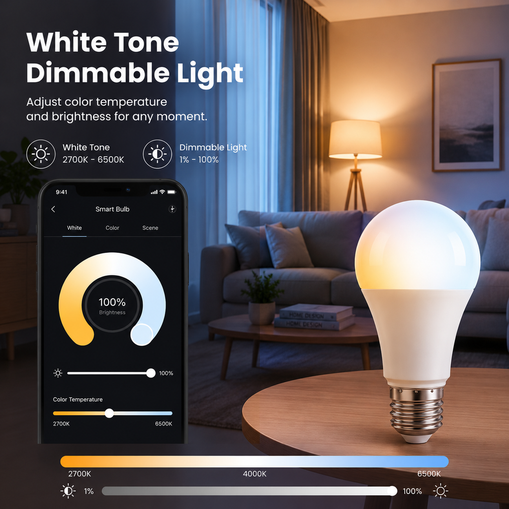 White tone dimming control in living room with smart bulb