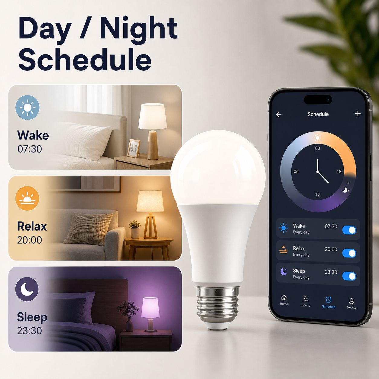 Day and night lighting schedule for smart bulb