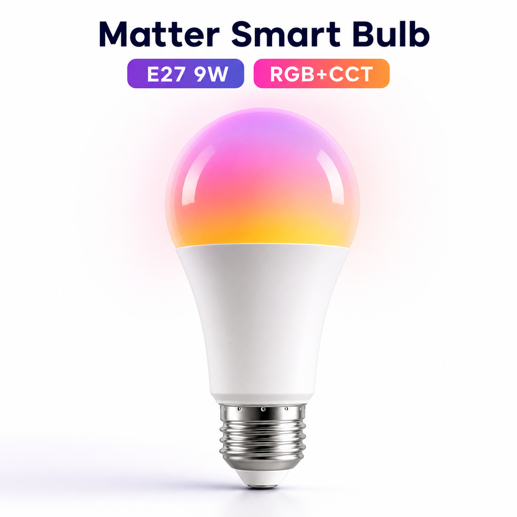 Studio packshot of E27 9W Matter RGB+CCT smart bulb