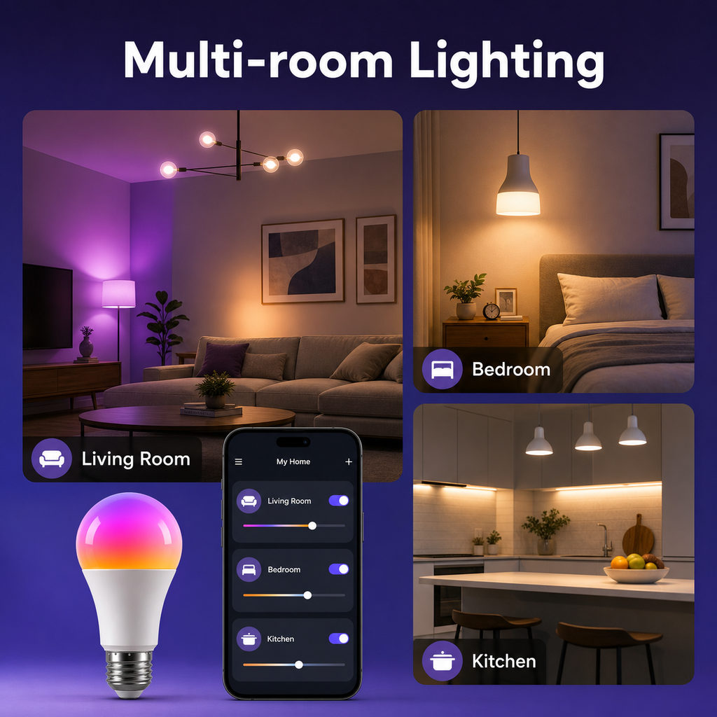 Multi-room lighting scene for E27 smart bulbs
