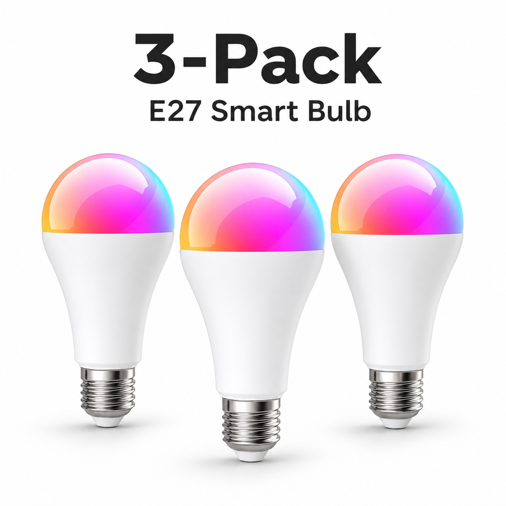 Studio packshot of three E27 Zigbee smart bulbs