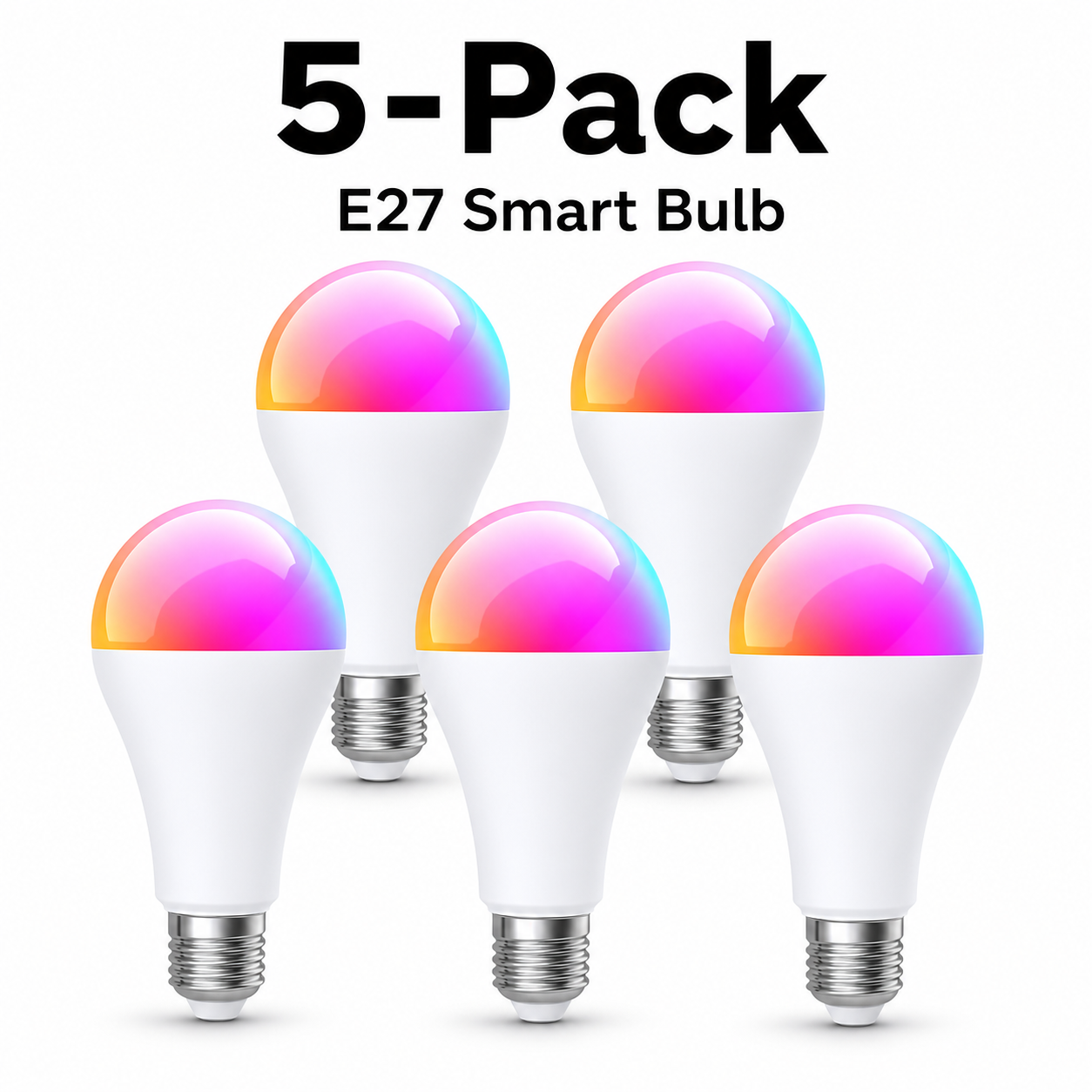 Studio packshot of five E27 Zigbee smart bulbs