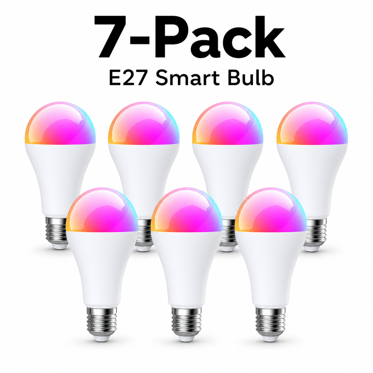 Studio packshot of seven E27 Zigbee smart bulbs