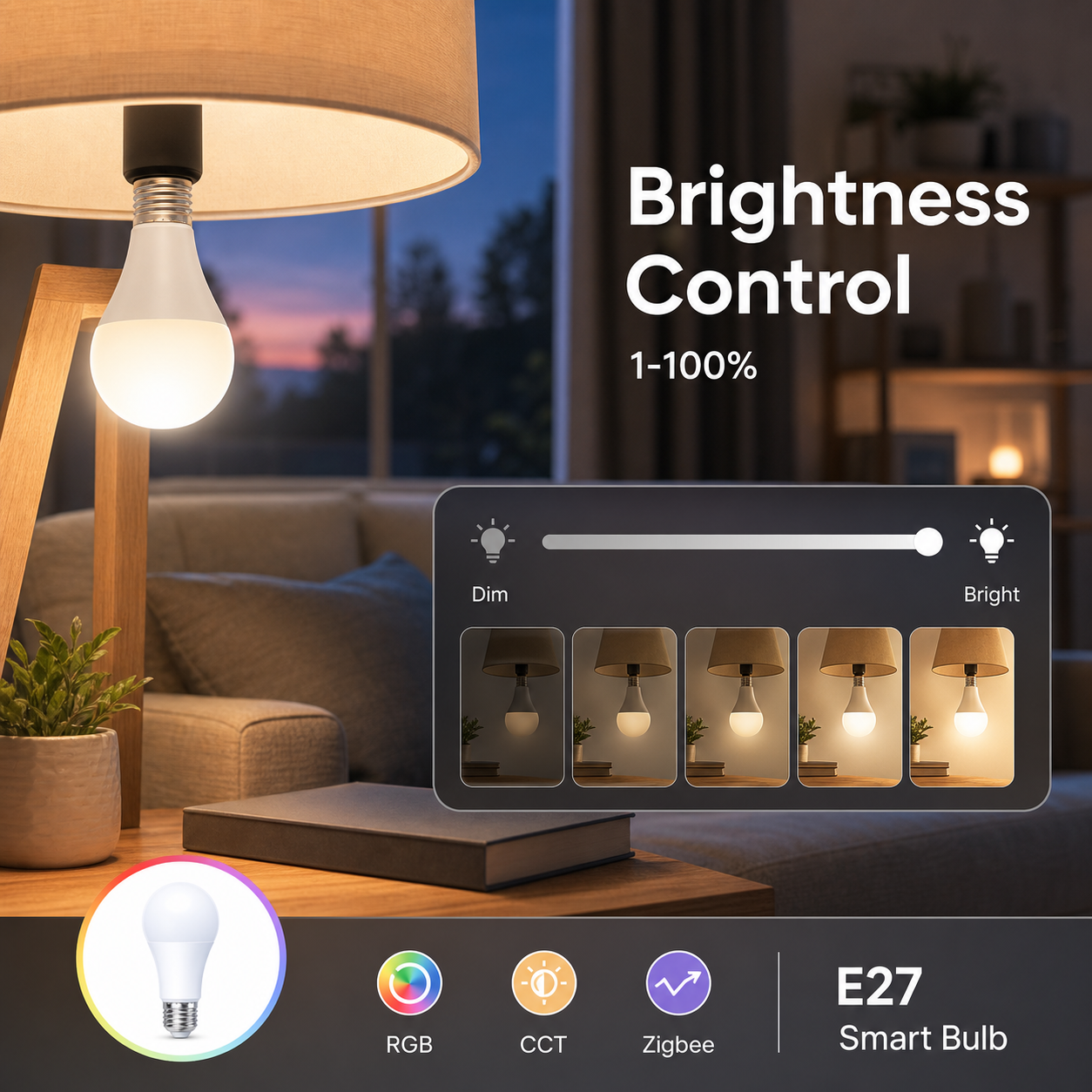 Brightness control from 1 to 100 percent for E27 smart bulb