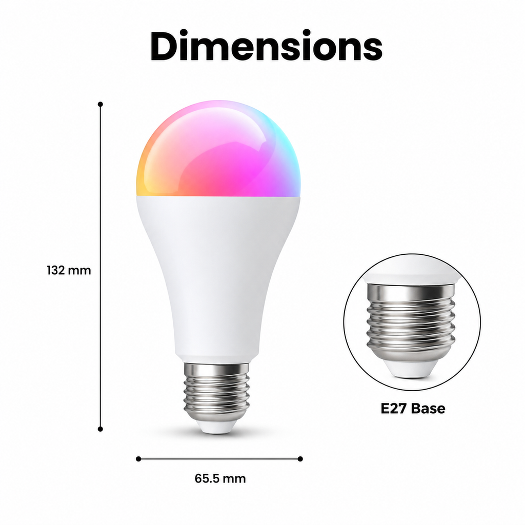 Dimensions diagram of E27 smart bulb showing 132 mm height and 65.5 mm width