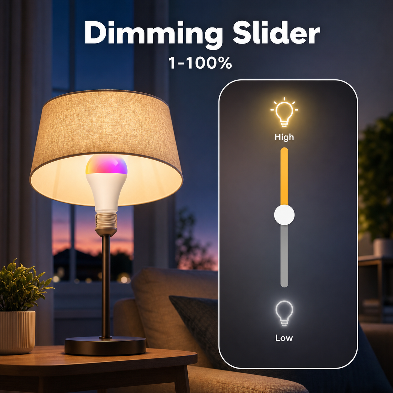 Dimming slider control for E27 Zigbee smart bulb in a modern living room