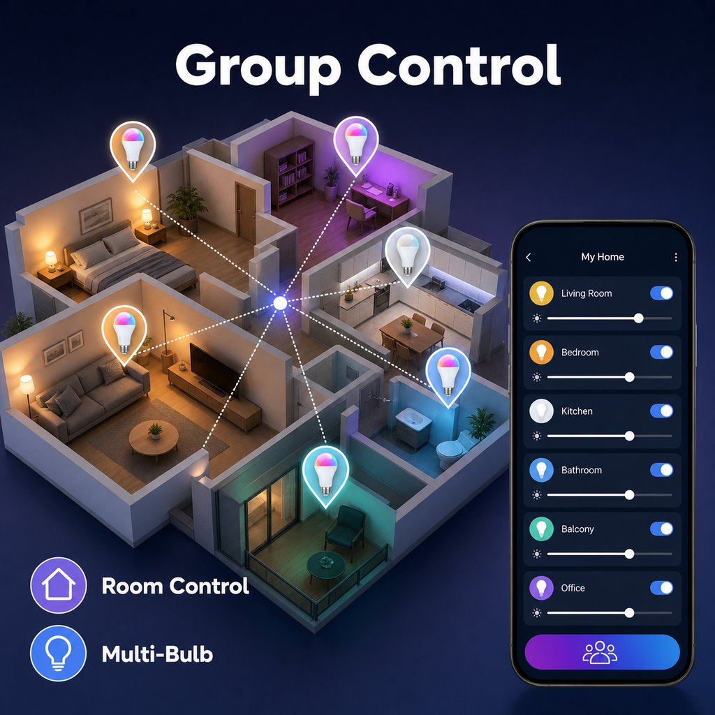 Group control diagram for multiple E27 Zigbee smart bulbs