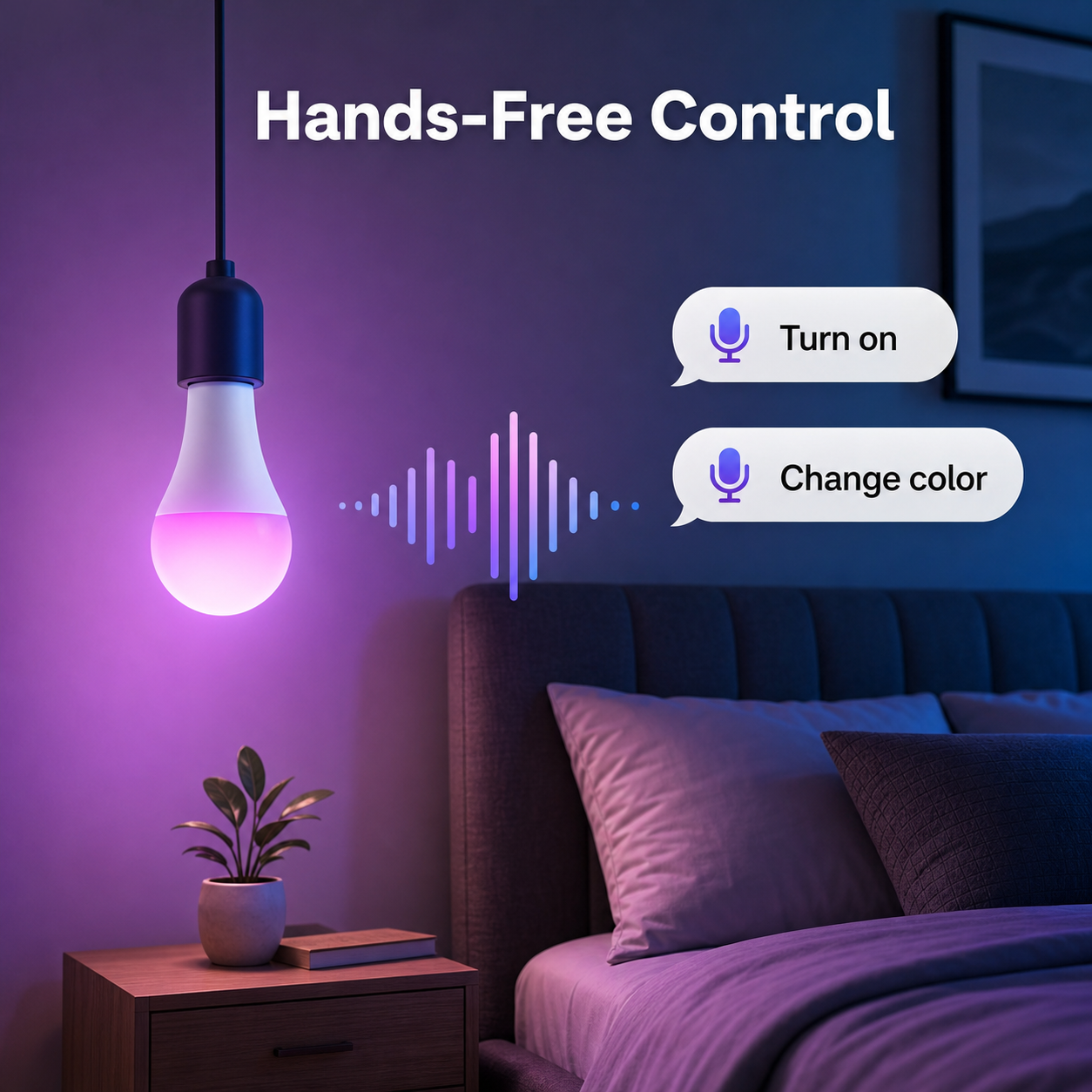 Hands-free control scene for E27 RGB smart bulb with generic voice commands