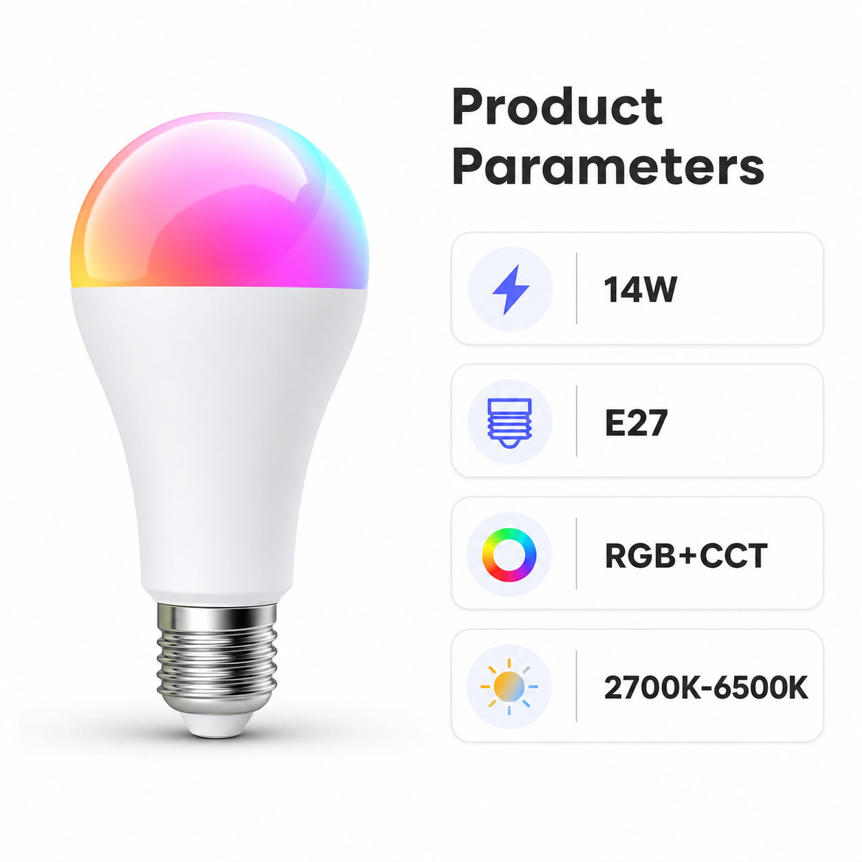 Product parameters for 14W E27 RGB+CCT Zigbee smart bulb