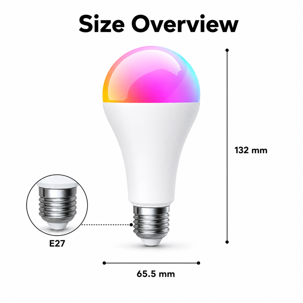 Size overview for E27 smart bulb with 132 mm height and 65.5 mm width