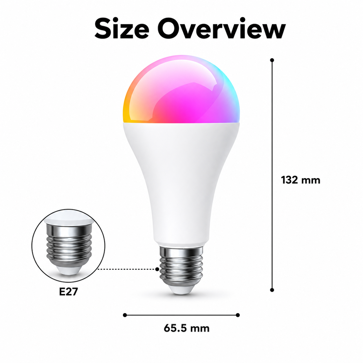 Size overview for E27 smart bulb with 132 mm height and 65.5 mm width