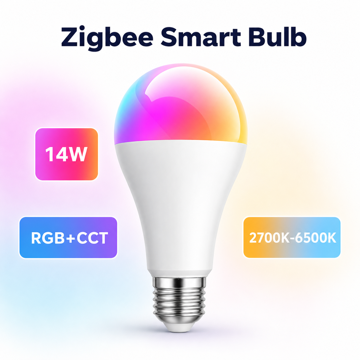 Studio packshot of E27 Zigbee RGB+CCT smart bulb with 14W feature badges