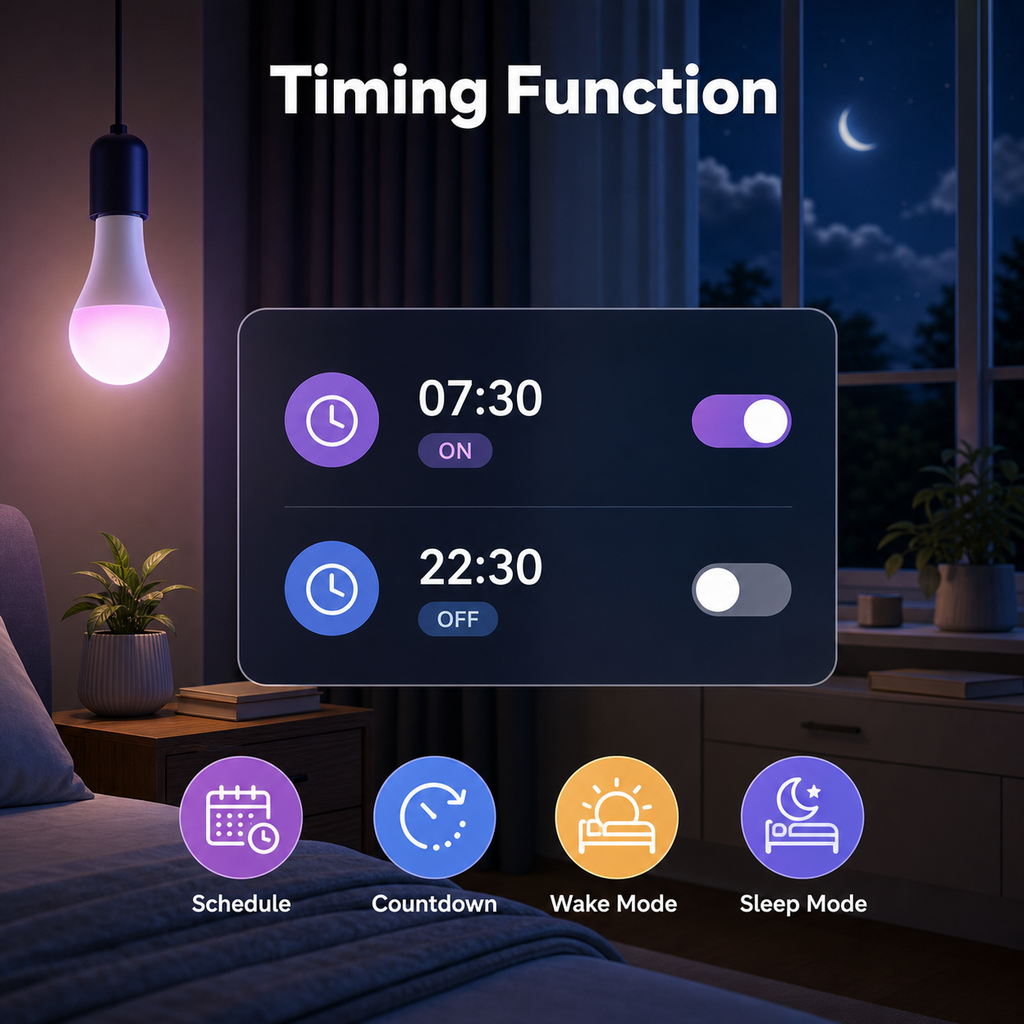 Timing function controls for E27 smart bulb schedule and sleep mode