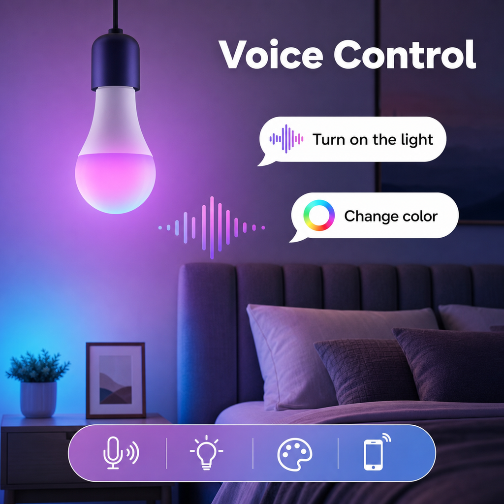 Voice control lifestyle image for E27 RGB smart bulb with generic commands