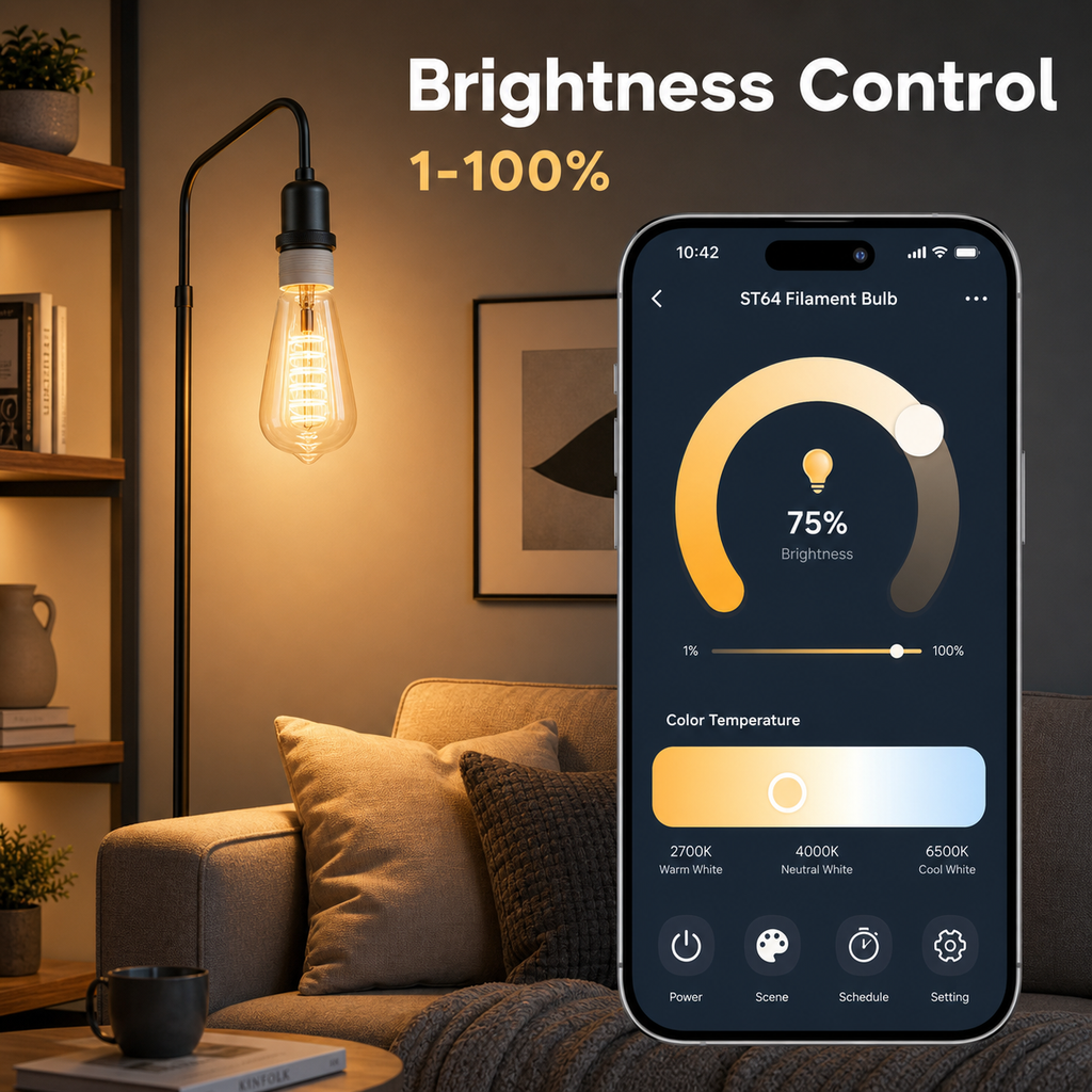 Brightness control interface for ST64 smart filament bulb in a living room
