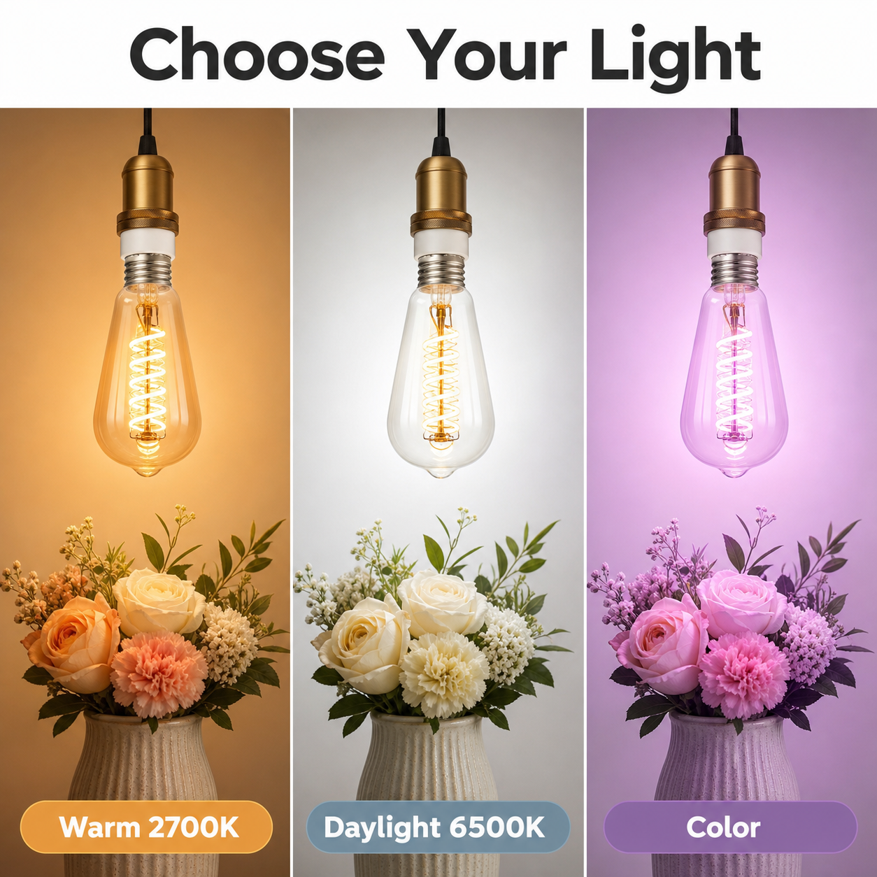 Three light mood options for ST64 Edison RGB+CCT bulb over flowers