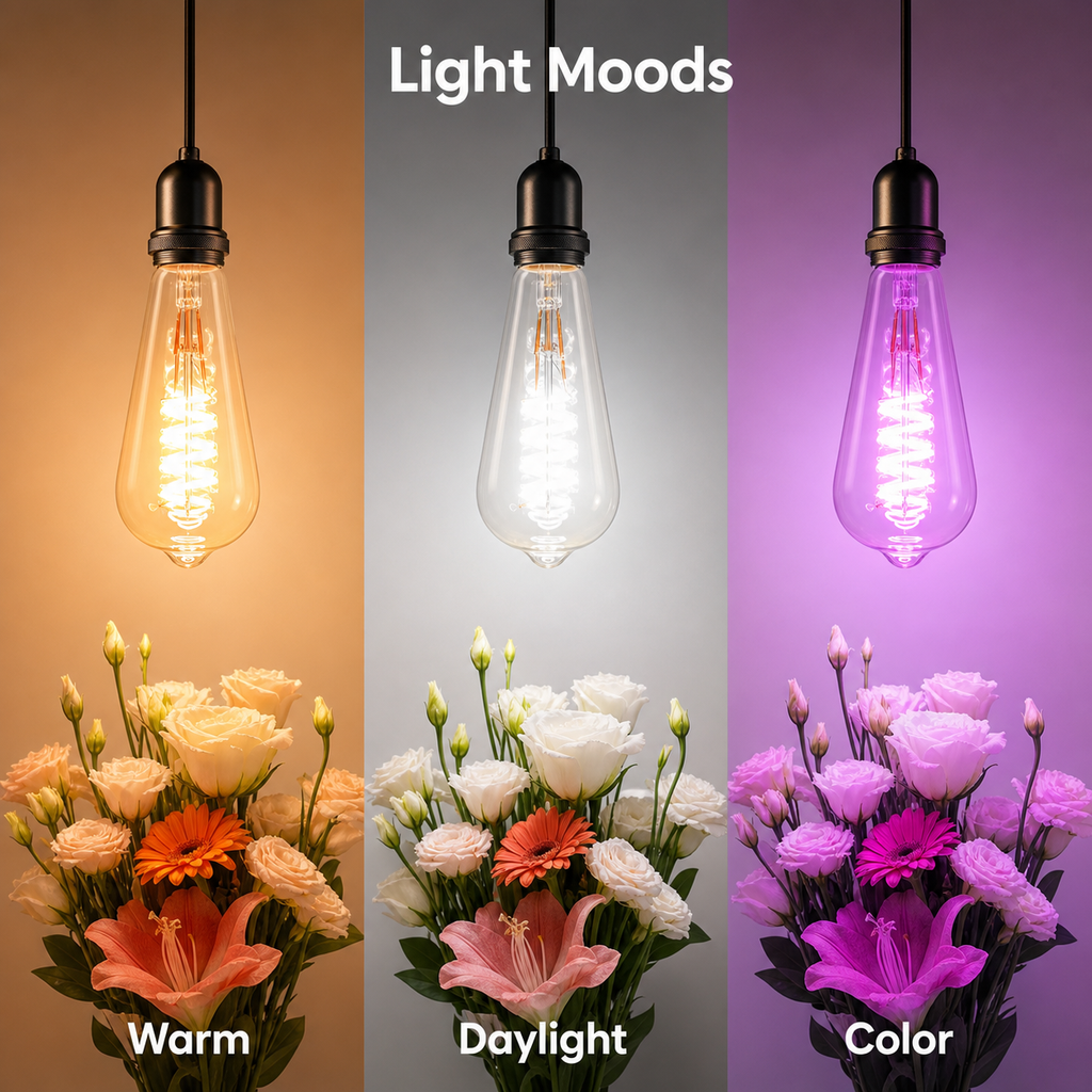 Warm daylight and color mood scenes for ST64 Edison bulb