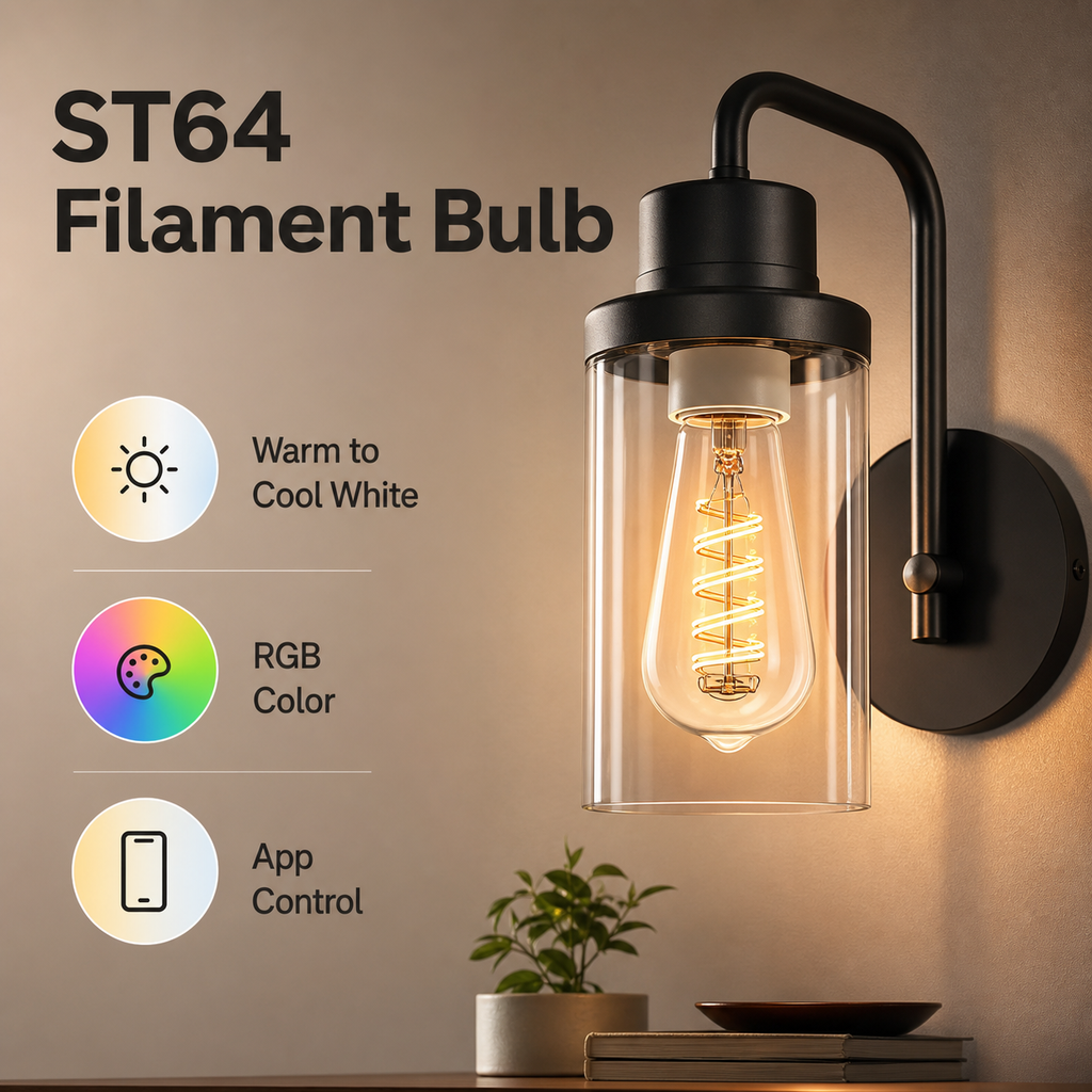ST64 Edison bulb installed in modern lamp with app control highlights