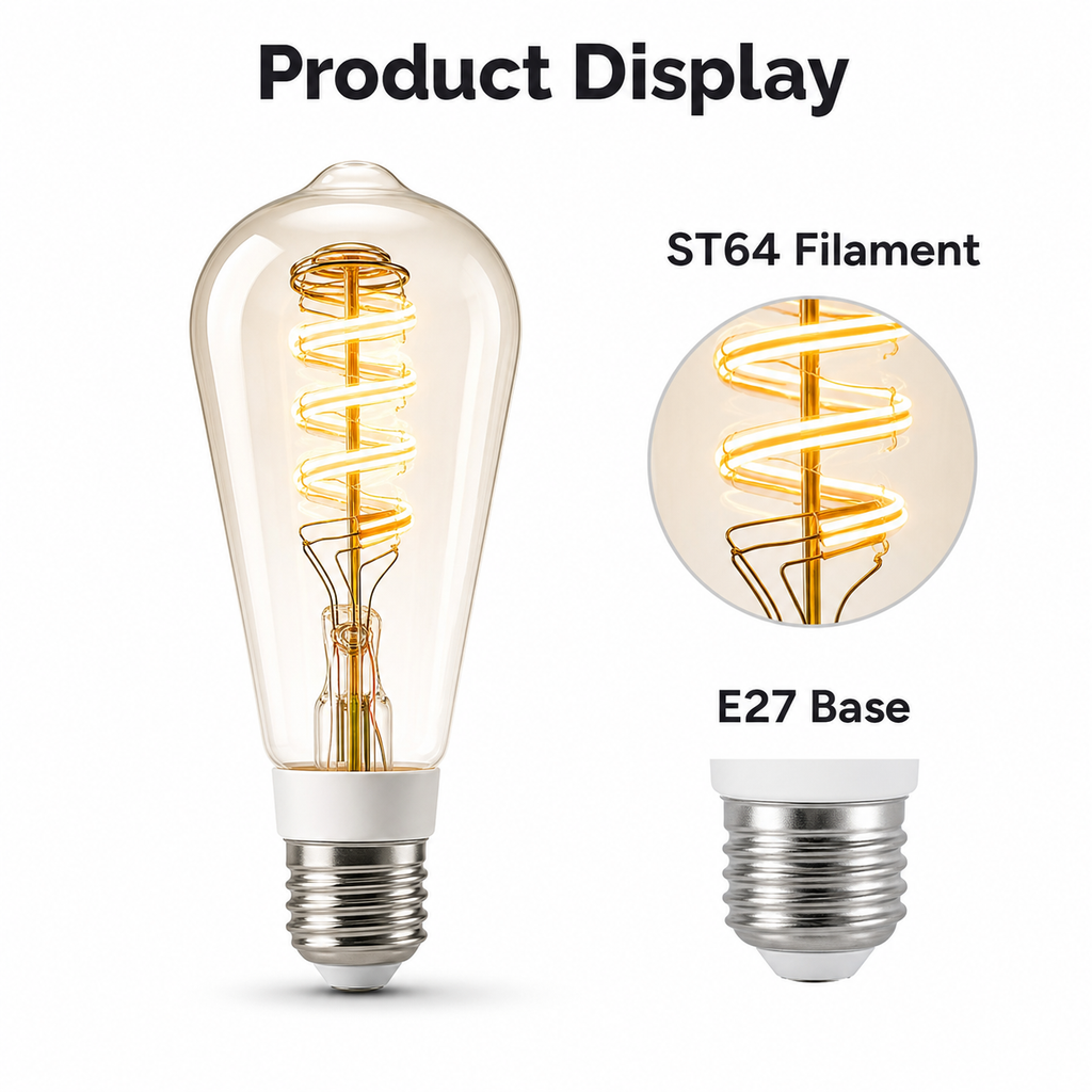 Product display showing ST64 filament bulb and E27 base