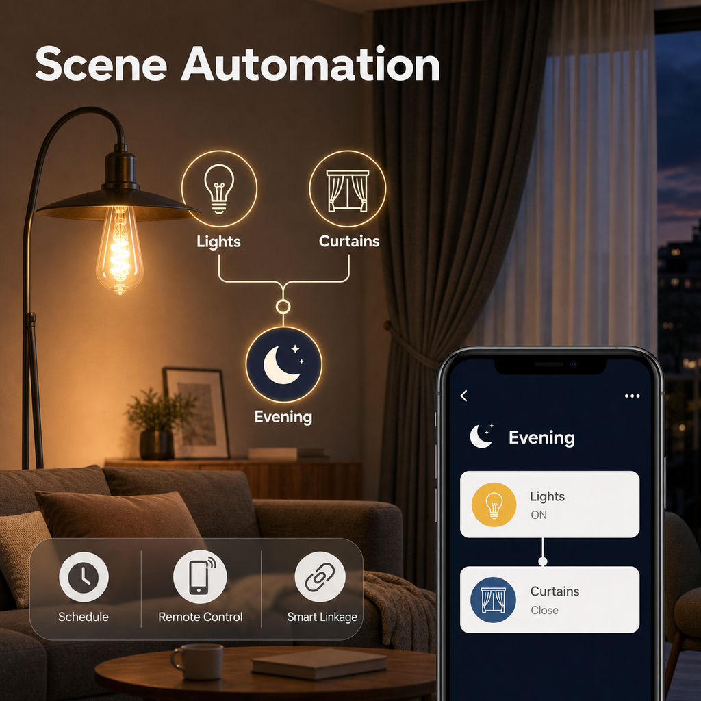 Scene automation with lights and curtains for ST64 Edison bulb