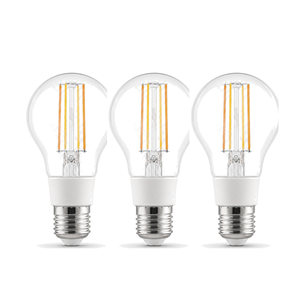 Lot de 3 ampoules LED E27 Wi-Fi filament sur fond blanc
