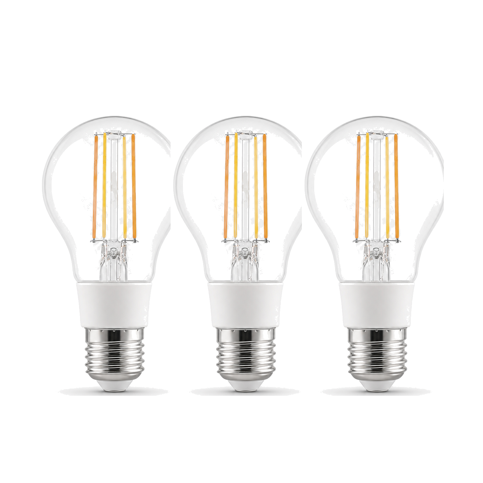 Lot de 3 ampoules LED E27 Wi-Fi filament sur fond blanc
