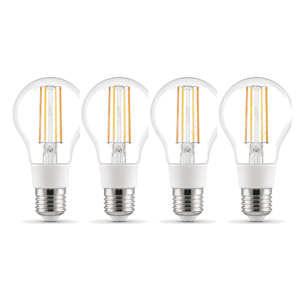 Lot de 4 ampoules LED E27 Wi-Fi filament sur fond blanc