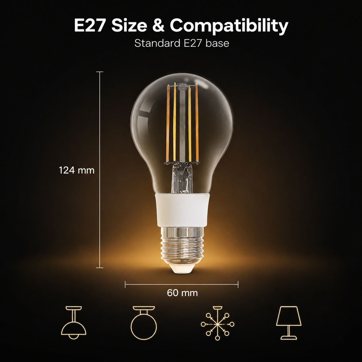 E27 size compatibility visual for smart filament bulb