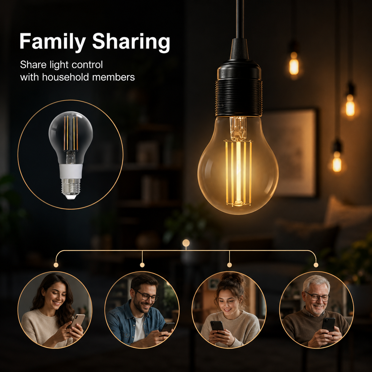 Family device sharing visual for WiFi filament bulb