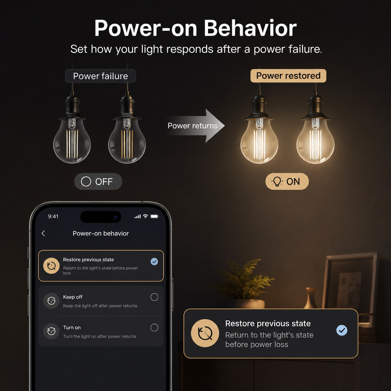 Power-on behavior control visual for WiFi smart bulb