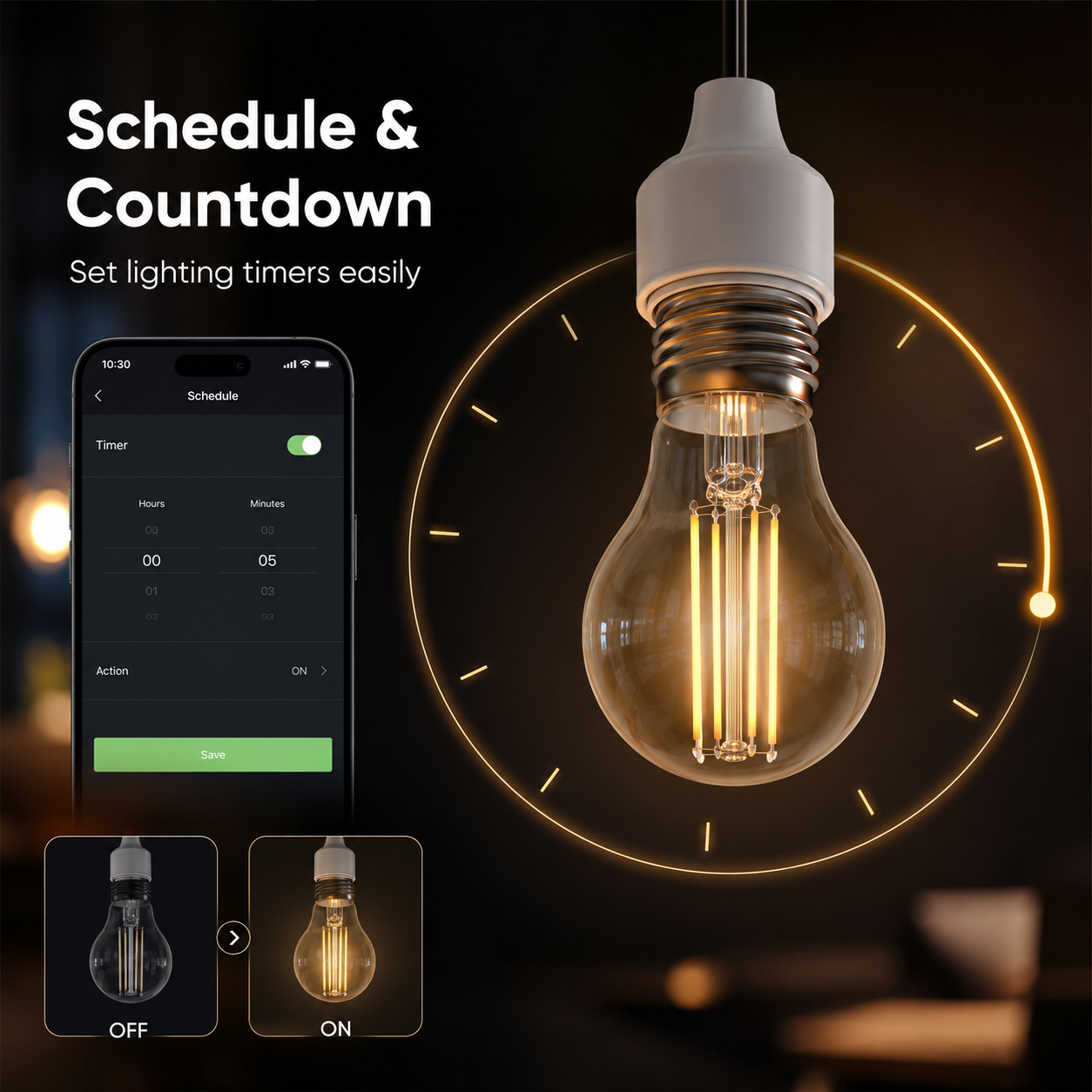 Schedule and countdown control visual for smart filament bulb