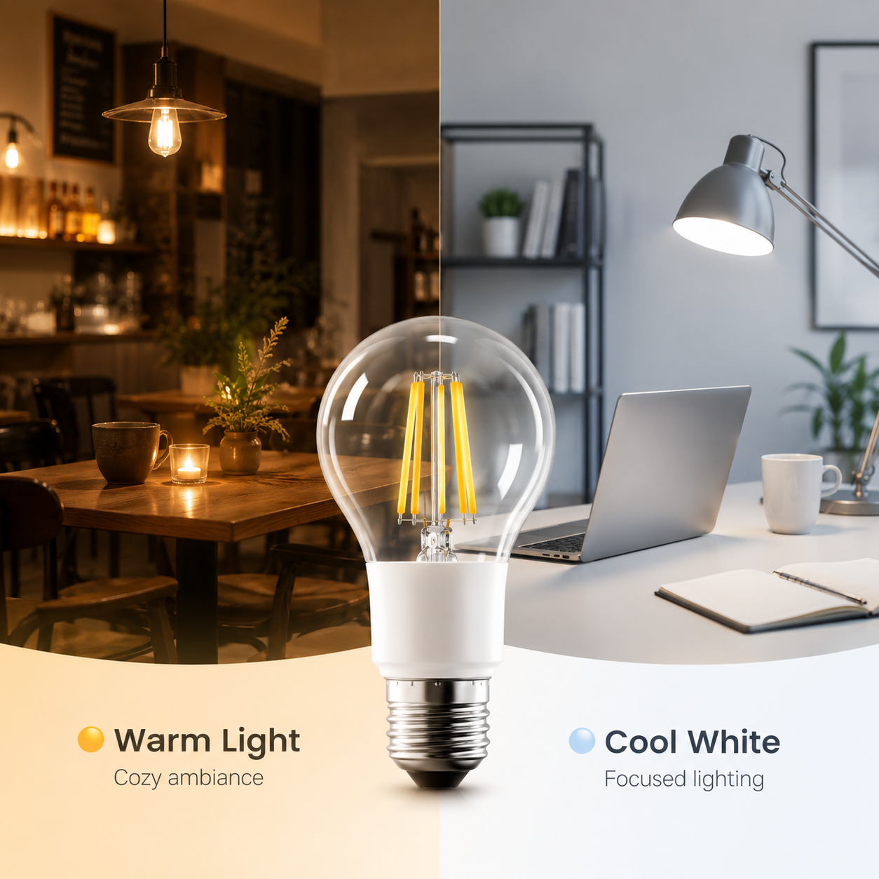 Warm and cool white lighting scenes for E27 filament bulb
