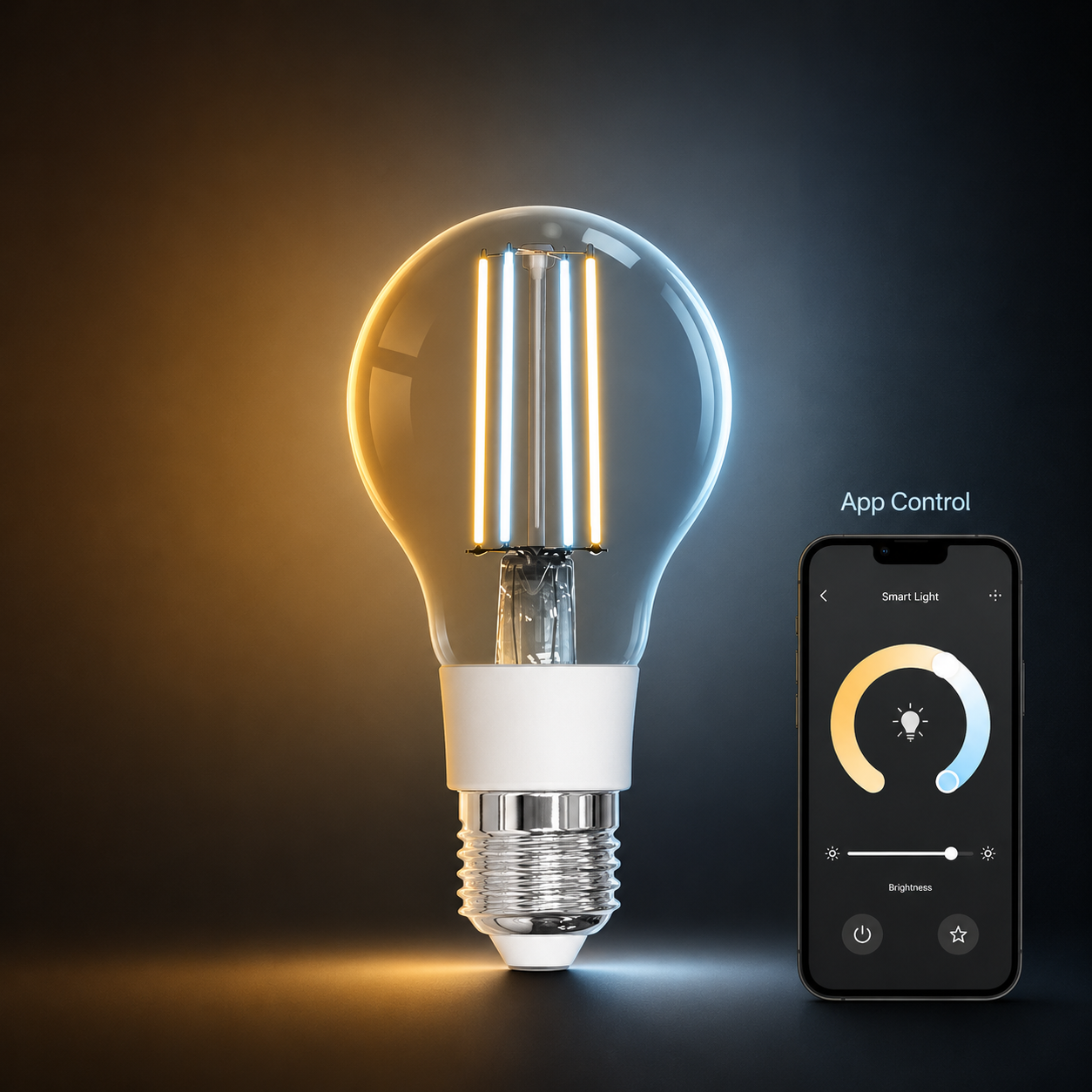 WiFi filament bulb packshot with generic app control visual