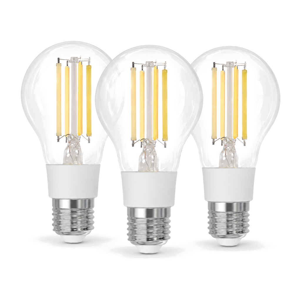 Lot de trois ampoules LED filament E27 Matter 7W CCT sur fond blanc