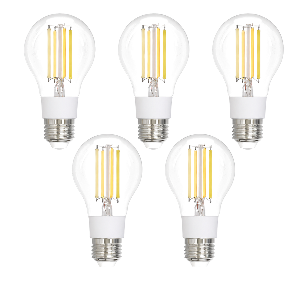 Lot de cinq ampoules LED filament E27 Matter 7W CCT sur fond blanc