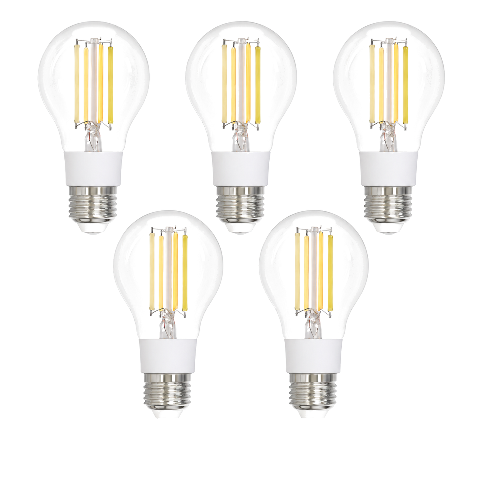 Lot de cinq ampoules LED filament E27 Matter 7W CCT sur fond blanc