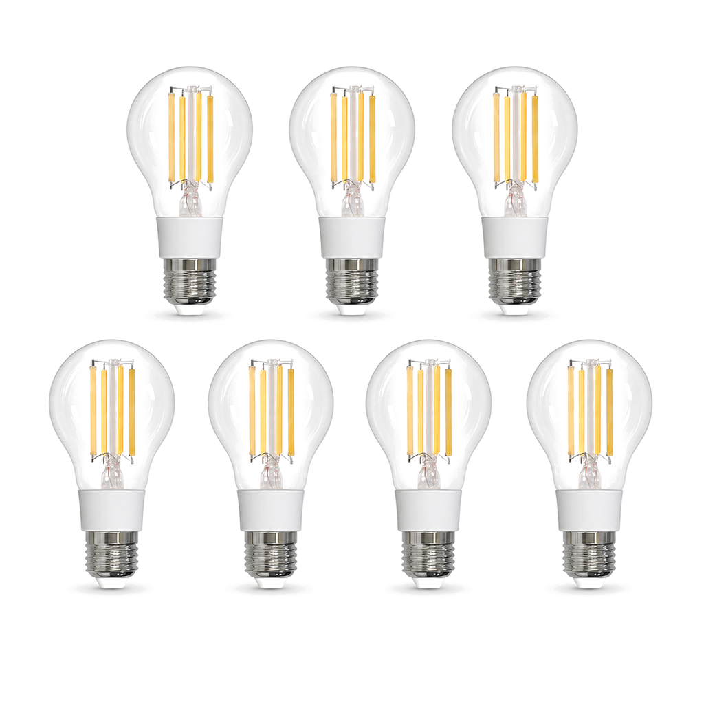 Lot de sept ampoules LED filament E27 Matter 7W CCT sur fond blanc