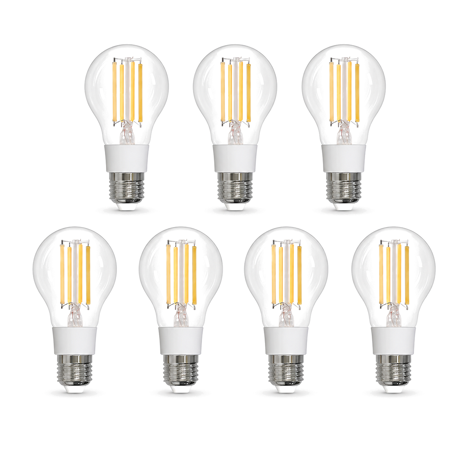 Lot de sept ampoules LED filament E27 Matter 7W CCT sur fond blanc